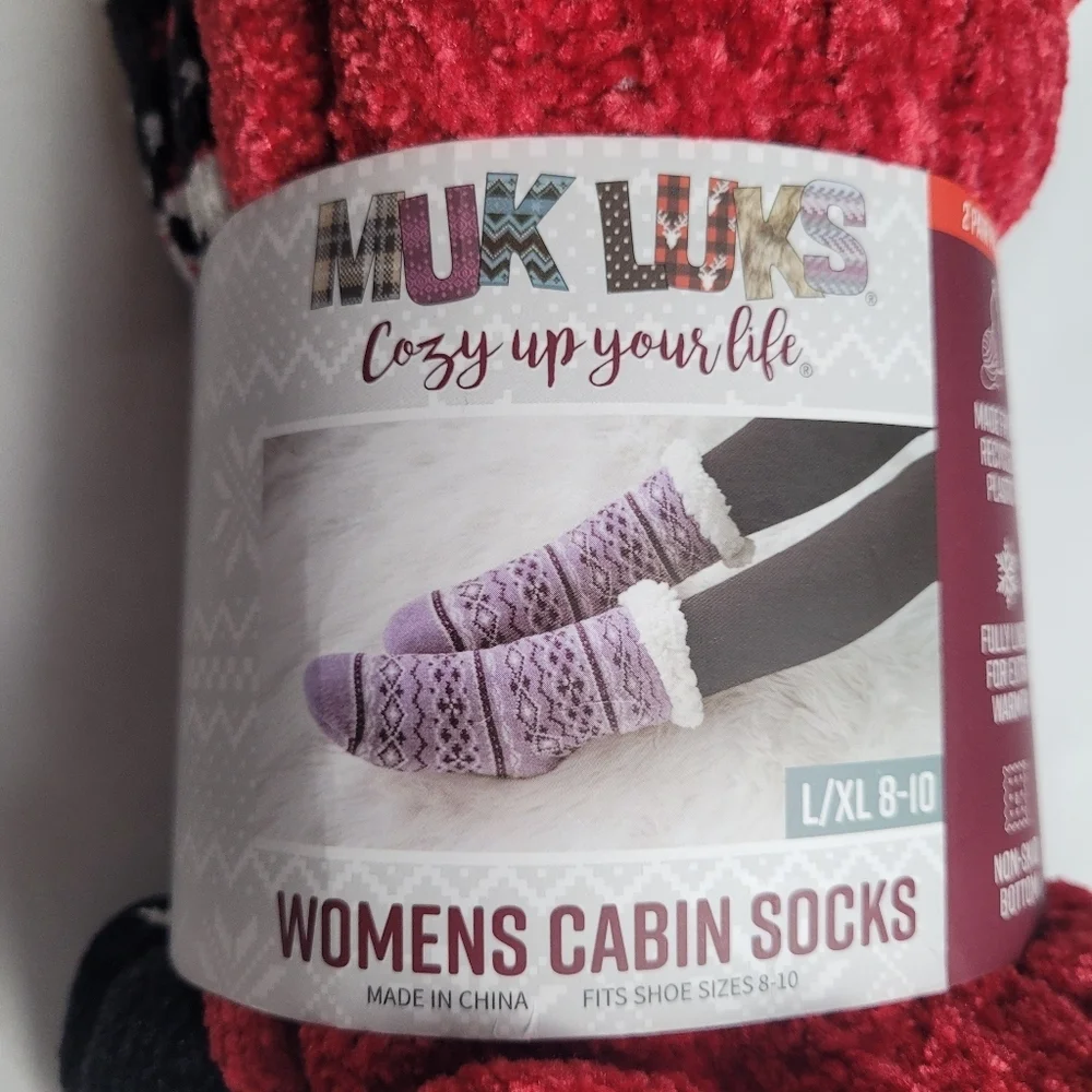 Muk Luks Women's Winter Cabin Socks 2 Pair Pack New Red Black Lined
